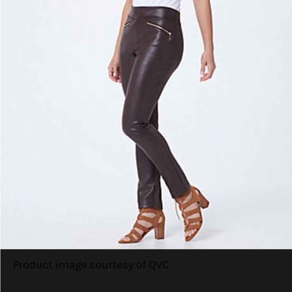 BELLE BY KIM GRAVEL FAUX LEATHER PONTE PANT WITH HIP ZIPPERS, BLACK